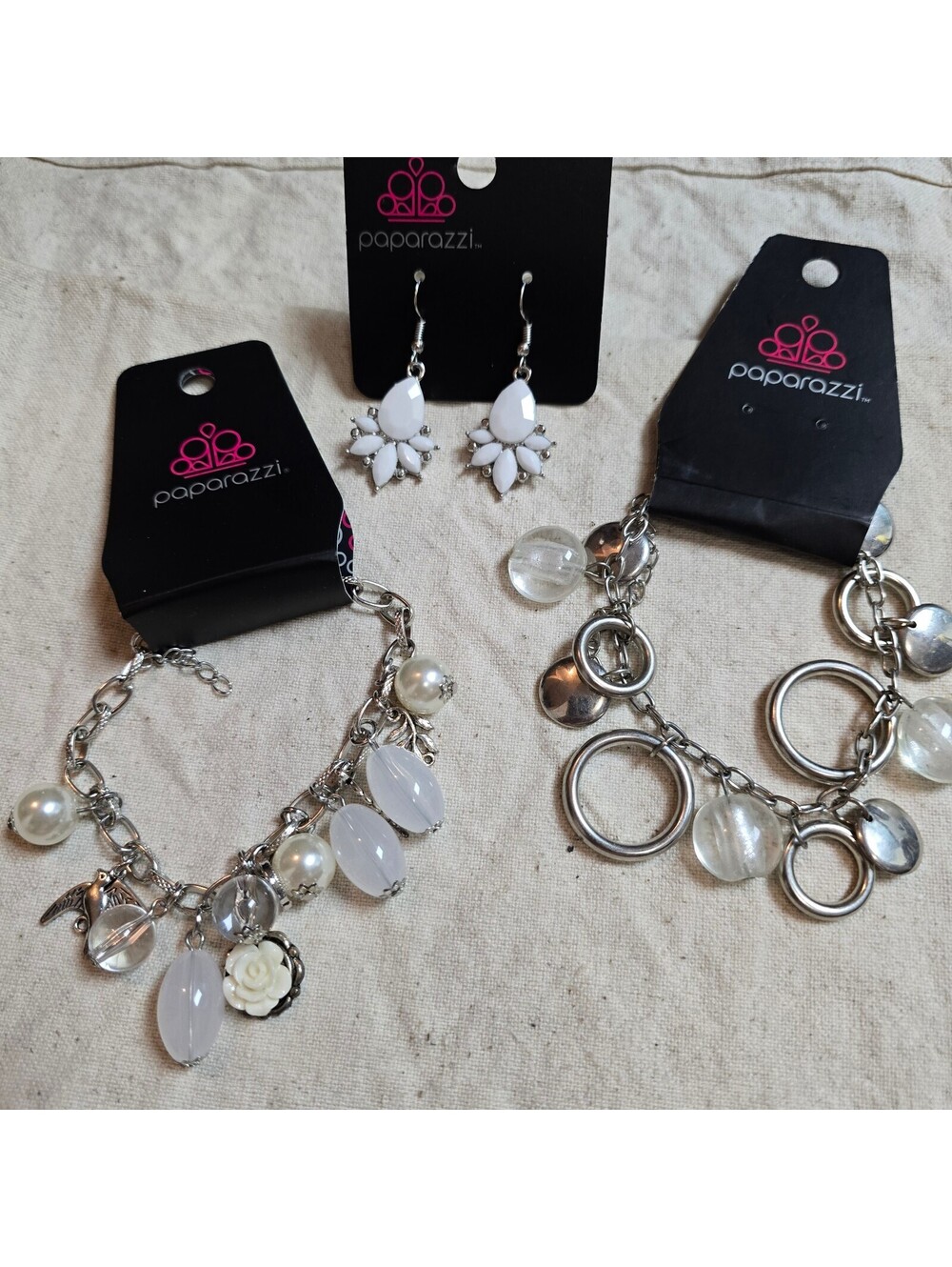 Paparazzi Silver Charm Bracelets and White Earrings Set